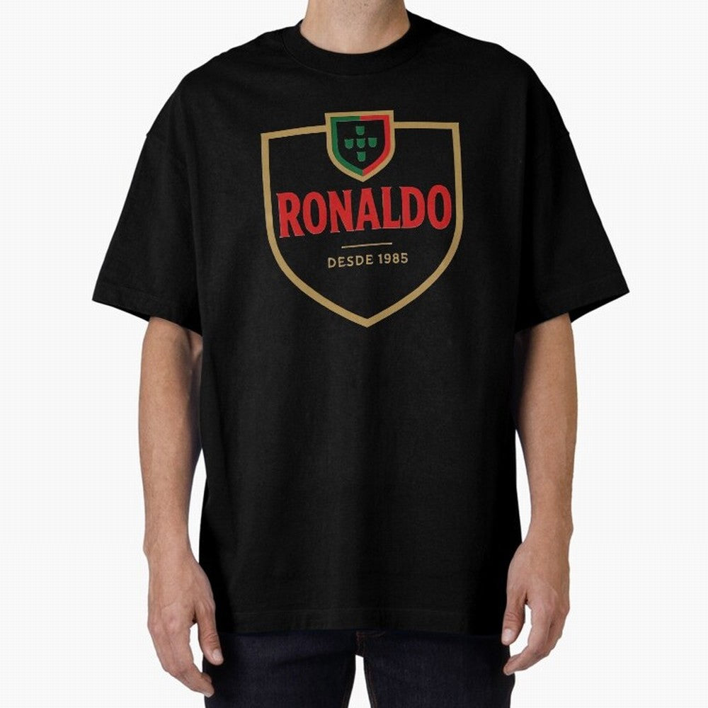 Ronaldo Emblem Sticker ¨C Gold Crest Parody Design Oversized T-Shirt Support Your Favorite Stars during Global Football Passion for FIFA World Cup 2026, Centered on Messi, CR7 and Mbappe, France and Portugal, Championship Spirit, Famous Goals,
