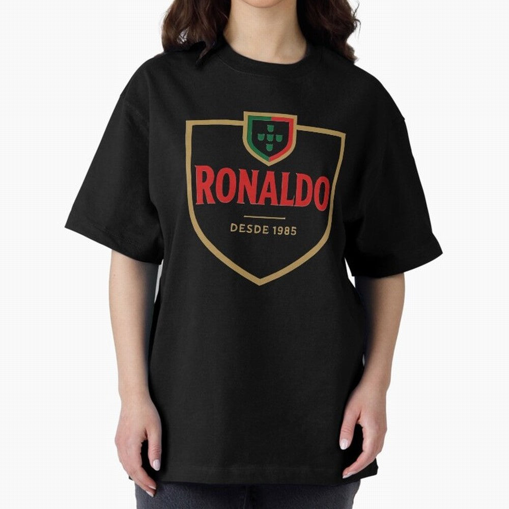Ronaldo Emblem Sticker ¨C Gold Crest Parody Design Oversized T-Shirt Support Your Favorite Stars during Global Football Passion for FIFA World Cup 2026, Centered on Messi, CR7 and Mbappe, France and Portugal, Championship Spirit, Famous Goals,