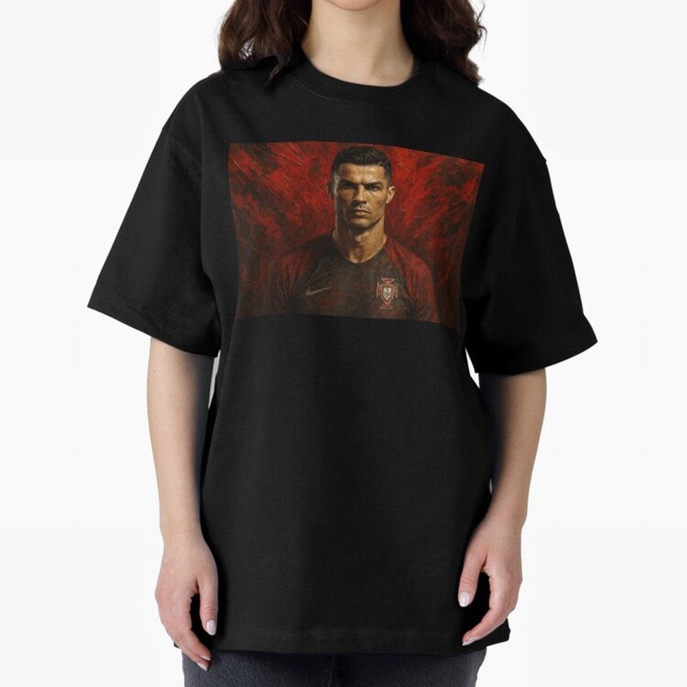 Cristiano Ronaldo Portrait Oversized T-Shirt Show Match Day Excitement for Match Day Hype around FIFA World Cup 2026 Group Stage, Messi, Neymar and Mbappe, Brazil, Portugal and Argentina, Sports Nostalgia, International Competition, Famous Players