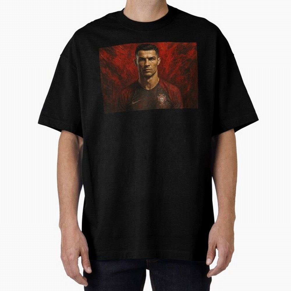 Cristiano Ronaldo Portrait Oversized T-Shirt Show Match Day Excitement for Match Day Hype around FIFA World Cup 2026 Group Stage, Messi, Neymar and Mbappe, Brazil, Portugal and Argentina, Sports Nostalgia, International Competition, Famous Players