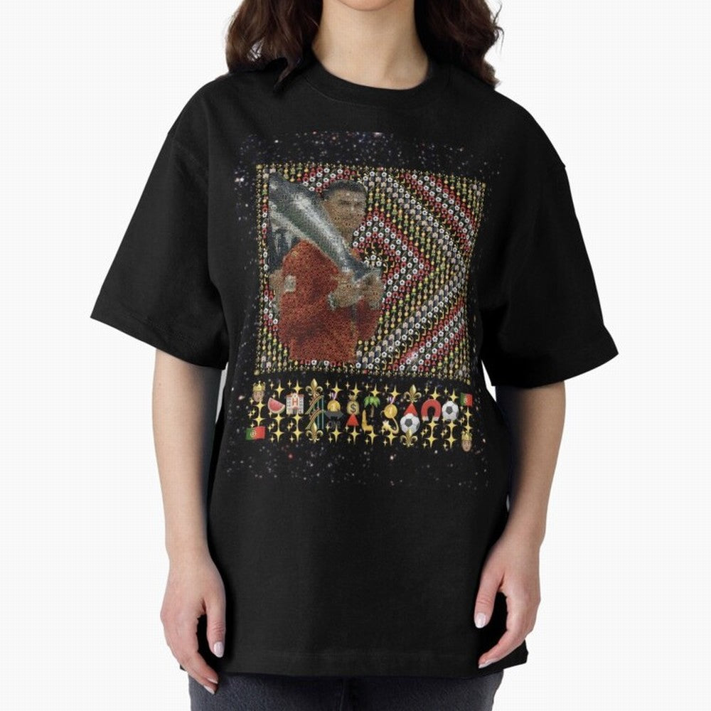 Iconic Emojified Football Legend Holding Victory Trophy | Inspired Art Oversized T-Shirt Support Iconic Players in Match Day Hype around FIFA World Cup 2026 Group Stage, Haaland and Mbappe, Argentina and Brazil, Stadium Memories, Football Loyalty,