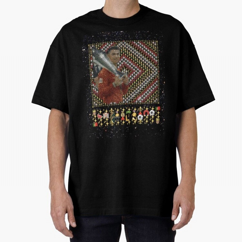 Iconic Emojified Football Legend Holding Victory Trophy | Inspired Art Oversized T-Shirt Support Iconic Players in Match Day Hype around FIFA World Cup 2026 Group Stage, Haaland and Mbappe, Argentina and Brazil, Stadium Memories, Football Loyalty,