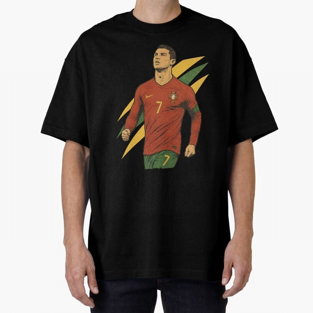 Cristiano Ronaldo Retro Portugal Football Art ¨C Vintage Supporter Design Oversized T-Shirt Celebrate Golden Goal Energy in Global Football Passion for FIFA World Cup 2026, Highlighting Mbappe, Spain and Netherlands, Retro Football Energy, Iconic