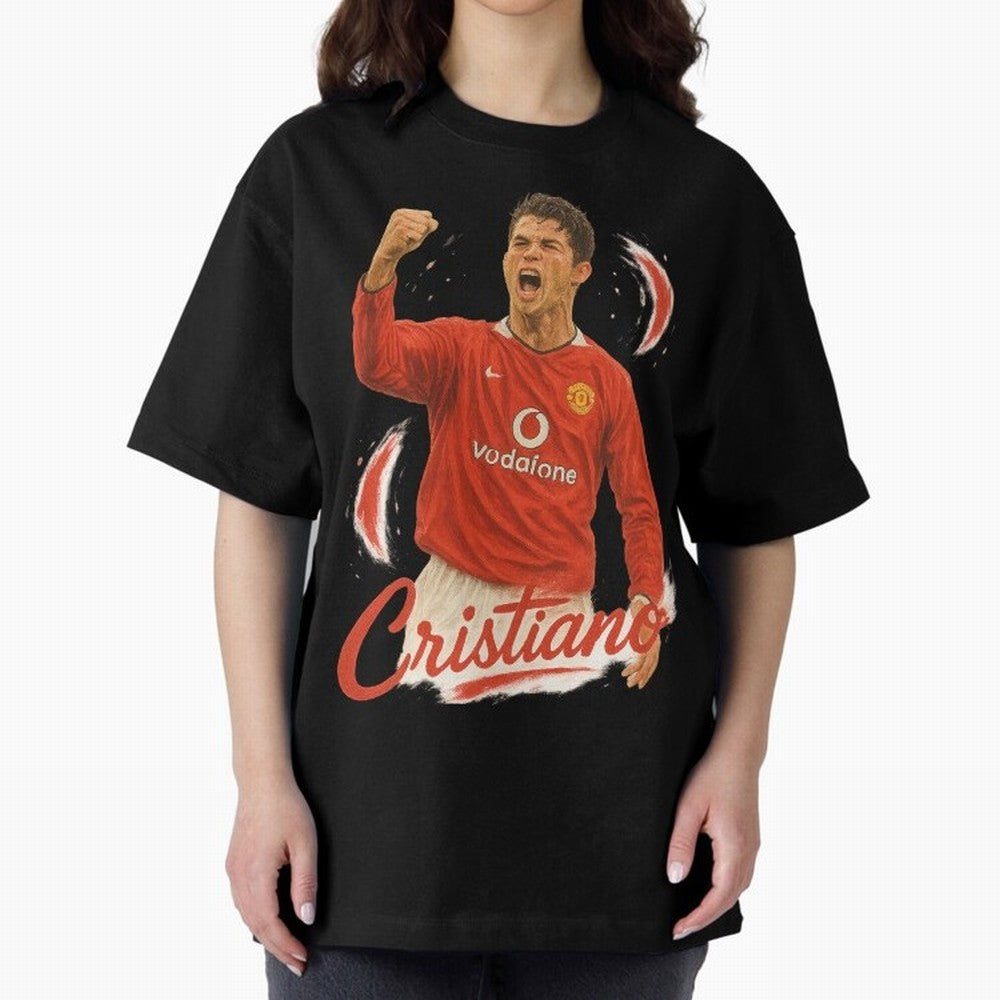 Young Cristiano Ronaldo Man United Art ¨C Rising Soccer Legend Tribute	 Oversized T-Shirt Celebrate Golden Goal Energy in Match Day Hype around FIFA World Cup 2026, Haaland, Brazil, Portugal and Argentina, Goal Celebration Energy, Supporter