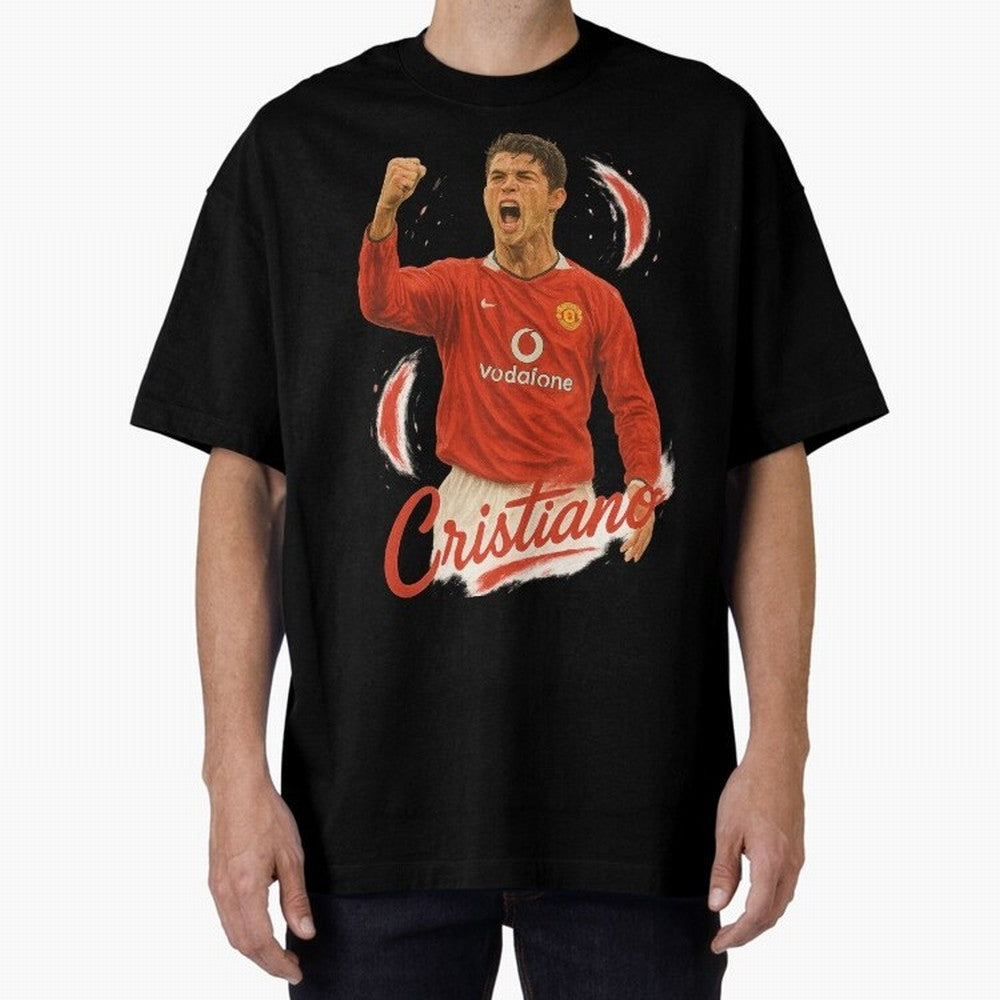 Young Cristiano Ronaldo Man United Art ¨C Rising Soccer Legend Tribute	 Oversized T-Shirt Celebrate Golden Goal Energy in Match Day Hype around FIFA World Cup 2026, Haaland, Brazil, Portugal and Argentina, Goal Celebration Energy, Supporter