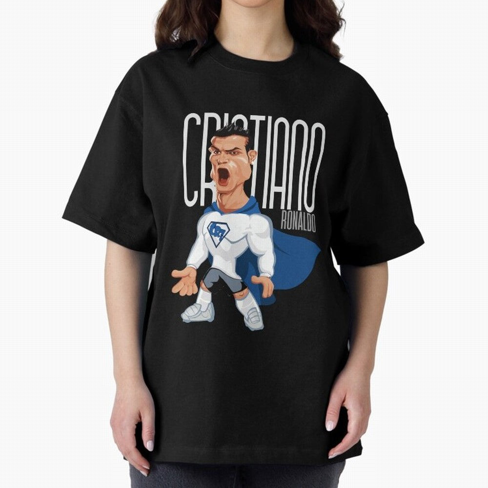 Commic Caricature of Cristiano Ronaldino 'CR7' Oversized T-Shirt Relive FIFA World Cup 2026 for Fans of Haaland and France, Bringing Retro Football Energy, Iconic Rivalries, Trophy Chase Drama and Stadium Atmosphere; Great for Supporters Who Love