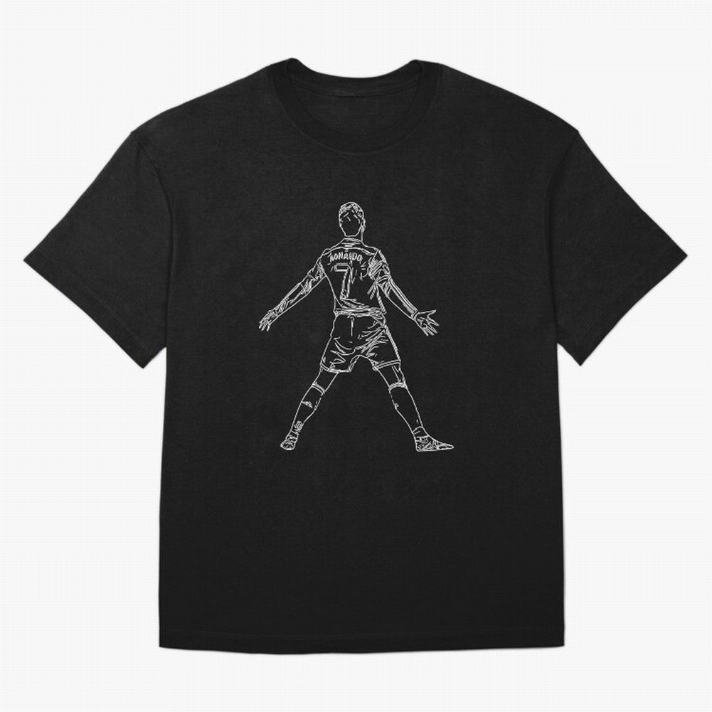 CR7 Cristiano Ronaldo Signature Celebration Siuuuuu Line Art White Oversized T-Shirt Remember Iconic Moments from FIFA World Cup 2026 Connected to Messi, Neymar and Mbappe, Brazil Energy, Global Supporter Spirit, Legendary Goals, National Colors