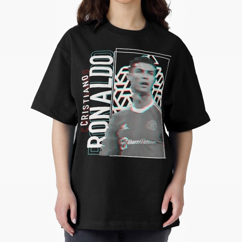 Cristiano Ronaldo Glith Effect Oversized T-Shirt Honor the Football Icons of FIFA World Cup 2026 for Fans of Cristiano Ronaldo and Germany, Bringing Football Festival Excitement, Trophy Ambitions, Country Rivalries and Star Player Buzz; Ideal for