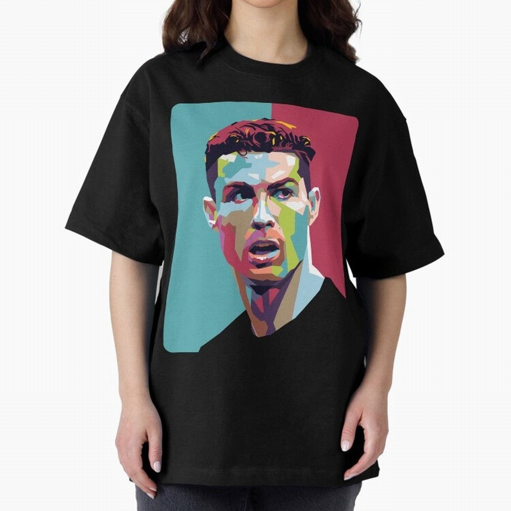 Cristiano Ronaldo 7 Pop Art Portrait Oversized T-Shirt Fuel FIFA World Cup 2026 USA Canada Mexico for Fans of Messi and Spain and Netherlands, Bringing Sports Nostalgia, International Competition, Famous Players and Unforgettable Victories; Perfect