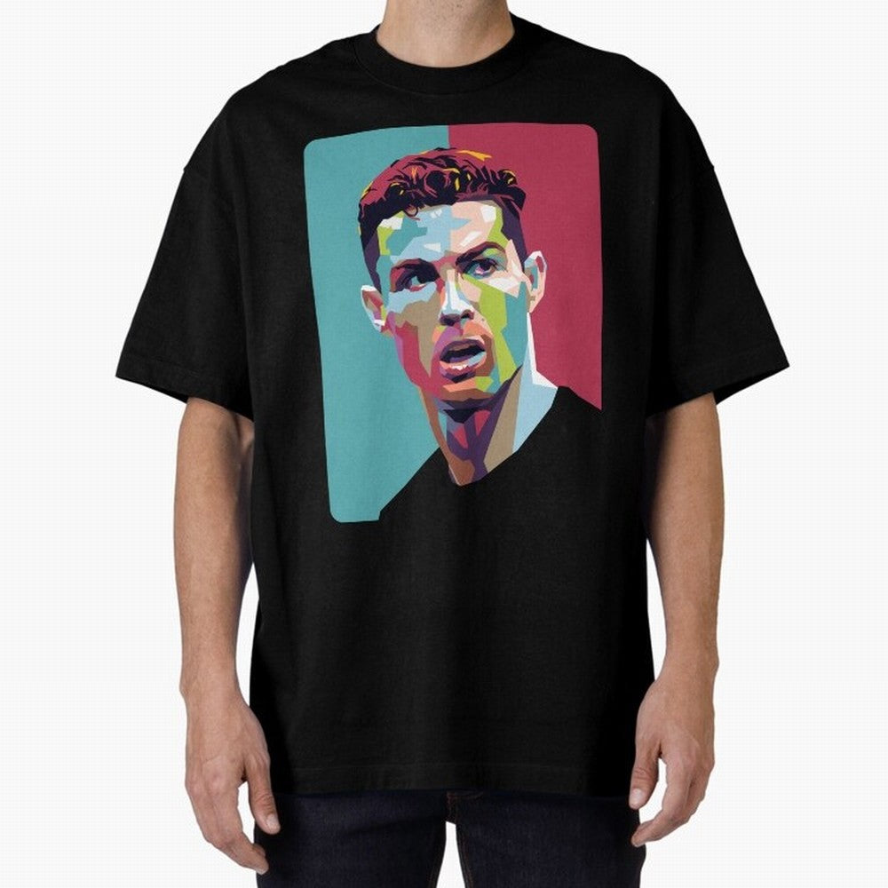 Cristiano Ronaldo 7 Pop Art Portrait Oversized T-Shirt Fuel FIFA World Cup 2026 USA Canada Mexico for Fans of Messi and Spain and Netherlands, Bringing Sports Nostalgia, International Competition, Famous Players and Unforgettable Victories; Perfect