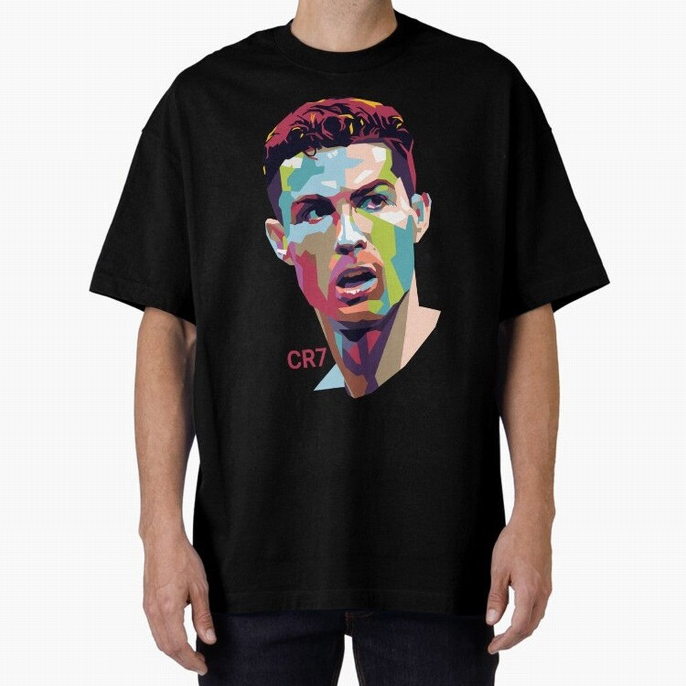 Cristiano Ronaldo Pop Art Portrait Oversized T-Shirt Share Match Day Hype around FIFA World Cup 2026, CR7, Portugal, Vintage Soccer Flavor, Modern Football Stars, National Flags and Final Night Emotion; Ideal for Fans Who Follow Messi, Cristiano