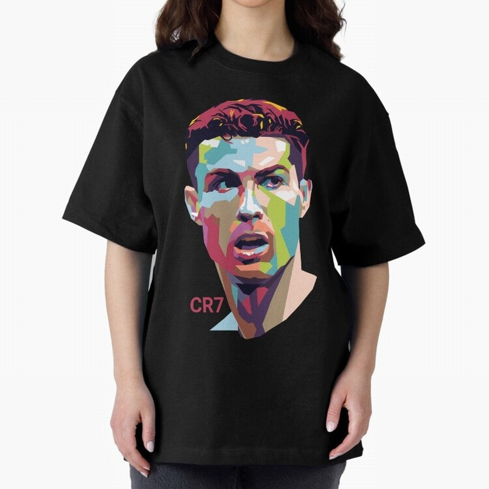 Cristiano Ronaldo Pop Art Portrait Oversized T-Shirt Share Match Day Hype around FIFA World Cup 2026, CR7, Portugal, Vintage Soccer Flavor, Modern Football Stars, National Flags and Final Night Emotion; Ideal for Fans Who Follow Messi, Cristiano
