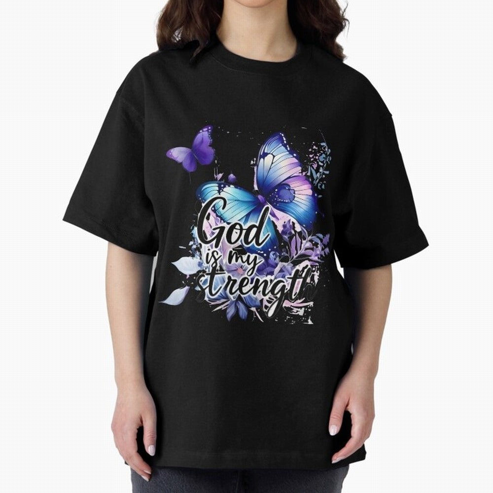 God is My Strength - Blue Butterfly Watercolor Art Oversized T-Shirt Show Passion for the Stars of Global Football Passion for FIFA World Cup 2026, Built around CR7 and Messi, France, Football Passion, Legendary Performances, Festival Vibes and