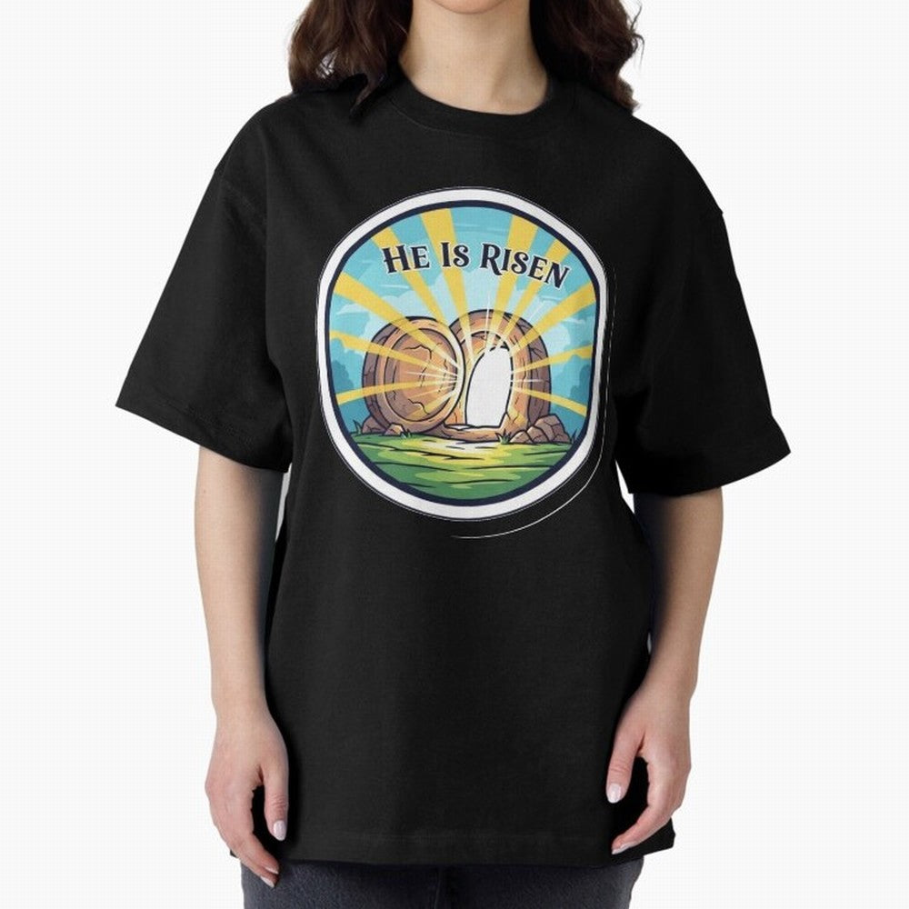 He Is Risen Indeed Easter Faith Sticker Oversized T-Shirt Represent FIFA World Cup 2026 USA Canada Mexico Spirit, with Portugal, Messi, Football Passion, Legendary Performances, Festival Vibes and Supporter Community; Perfect for Fans, Collectors,