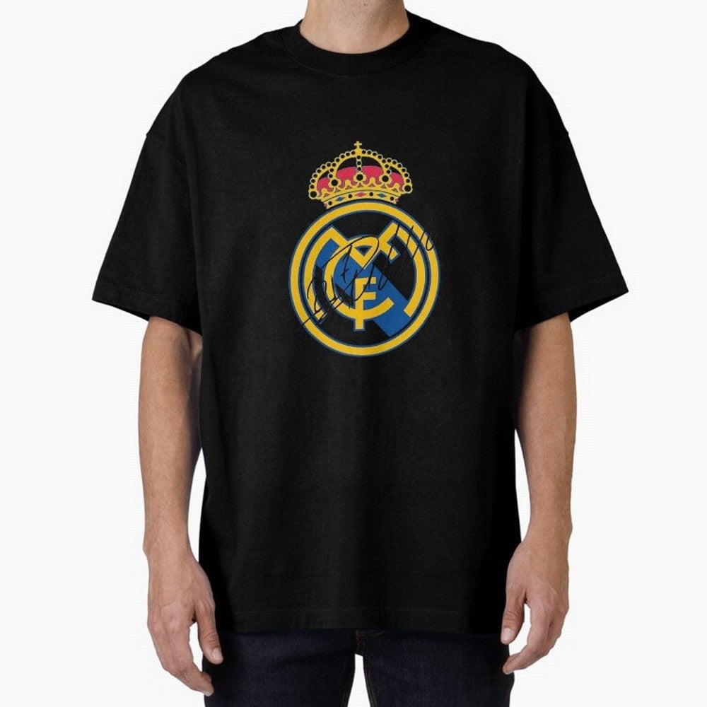 Real Madrid C.F. crest with Cristiano Ronaldo's autograph Oversized T-Shirt Unlock the FIFA World Cup 2026 Journey through Haaland and Mbappe Highlights, France Pride, Vintage Soccer Flavor, Modern Football Stars, National Flags and Final Night