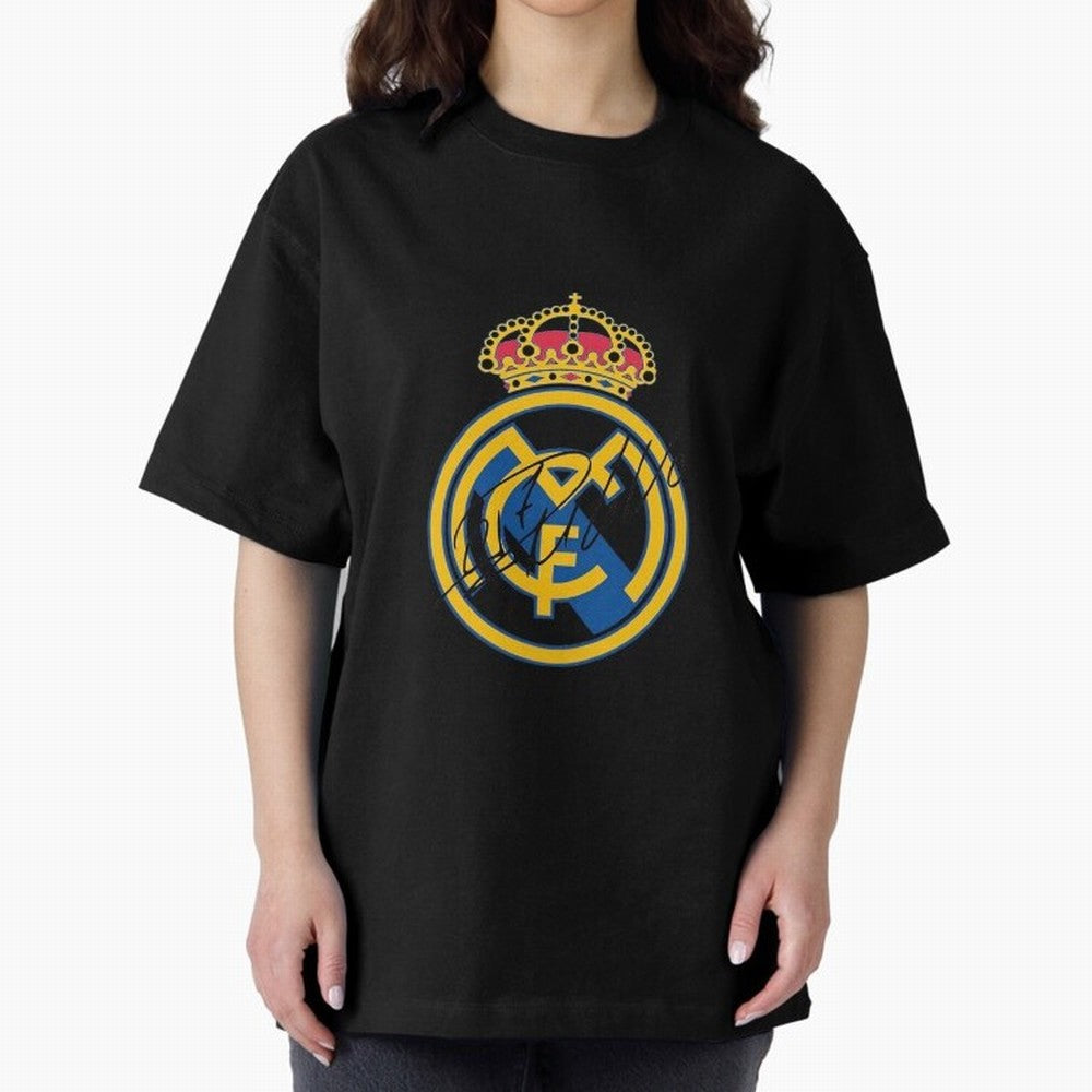 Real Madrid C.F. crest with Cristiano Ronaldo's autograph Oversized T-Shirt Unlock the FIFA World Cup 2026 Journey through Haaland and Mbappe Highlights, France Pride, Vintage Soccer Flavor, Modern Football Stars, National Flags and Final Night