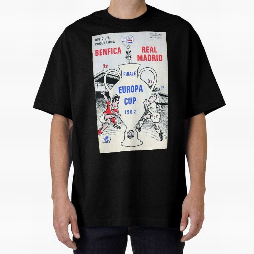 Vintage Champions League Final Poster - Real Madrid vs Benfica Oversized T-Shirt Show Your Love for Global Football Passion for FIFA World Cup 2026, Made for Haaland and Mbappe, Argentina and Brazil, Tournament Hype, Historic Matchups, Family