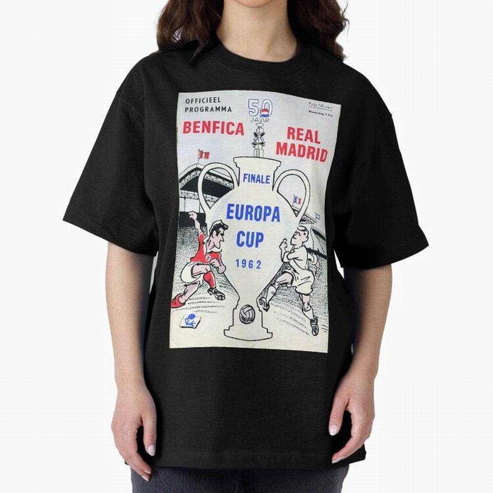 Vintage Champions League Final Poster - Real Madrid vs Benfica Oversized T-Shirt Show Your Love for Global Football Passion for FIFA World Cup 2026, Made for Haaland and Mbappe, Argentina and Brazil, Tournament Hype, Historic Matchups, Family