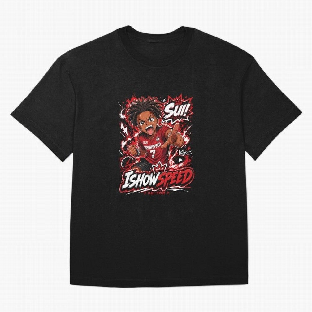 I Show Speed SUI Anime poster | Hype art Red Black Streewear Oversized T-Shirt Feel the Roar of FIFA World Cup 2026 USA Canada Mexico for Fans of Neymar and France and Portugal, Bringing Stadium Chants, National Pride, Trophy Dreams and