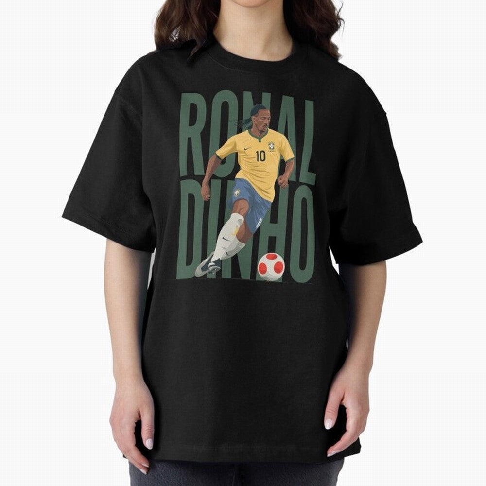 Ronaldinho Gaucho in action Minimalist Graphic Oversized T-Shirt Show Love for Legendary Goals in Match Day Hype around FIFA World Cup 2026, CR7, France and Portugal, Game Day Rituals, Football Legends, Country Pride and the Road to the Final; Made