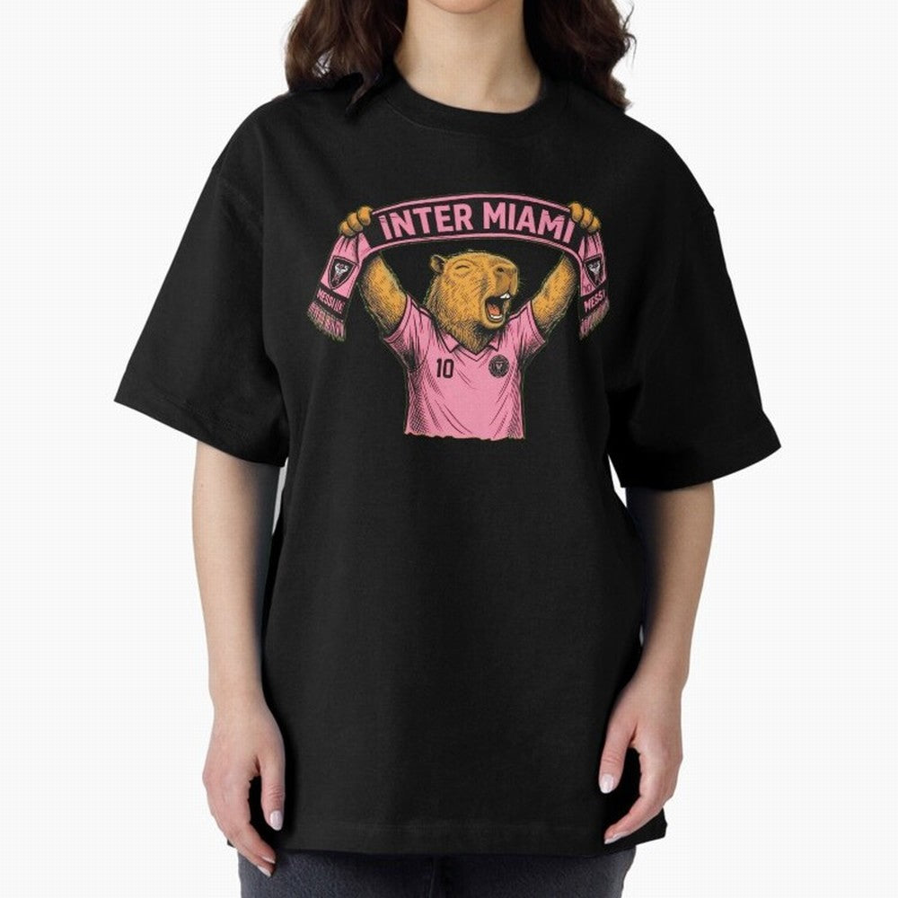 Capybara Inter Miami Fan Celebrating ¨C Funny Soccer Illustration with Scarf Oversized T-Shirt Show Your Love for FIFA World Cup 2026 USA Canada Mexico Highlighting CR7 and Messi, Argentina and Brazil Energy, Football Festival Excitement, Trophy