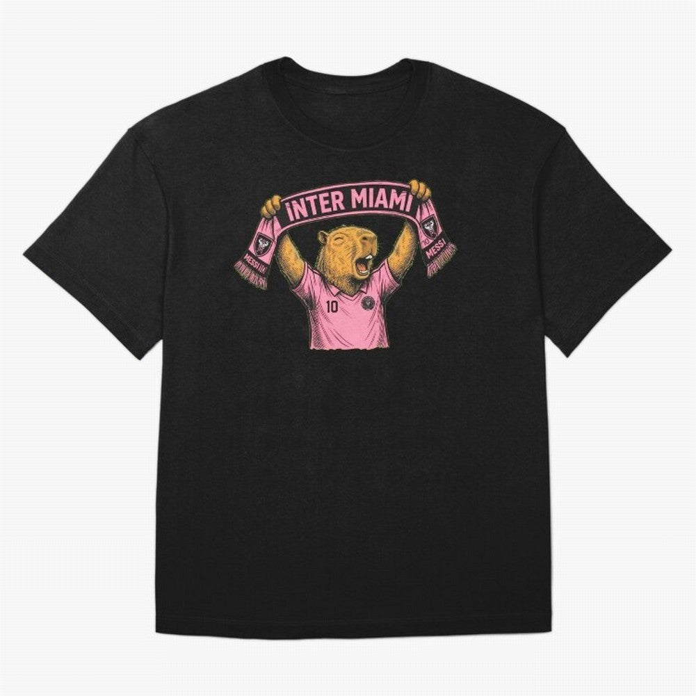 Capybara Inter Miami Fan Celebrating ¨C Funny Soccer Illustration with Scarf Oversized T-Shirt Show Your Love for FIFA World Cup 2026 USA Canada Mexico Highlighting CR7 and Messi, Argentina and Brazil Energy, Football Festival Excitement, Trophy