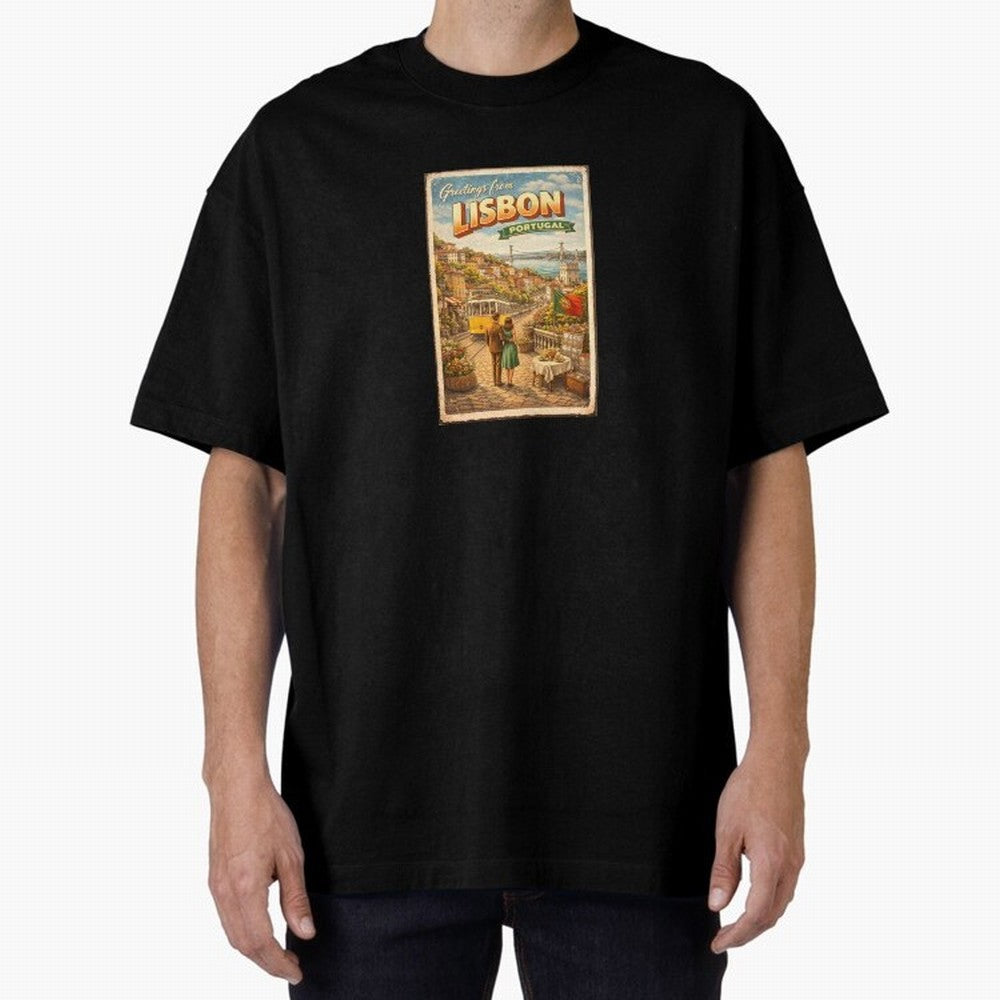 lisbon Oversized T-Shirt Capture Stadium Memories from Global Football Passion for FIFA World Cup 2026 Group Stage, Capturing Haaland and Mbappe, Brazil, Portugal and Argentina, Vintage Soccer Flavor, Modern Football Stars, National Flags and Final