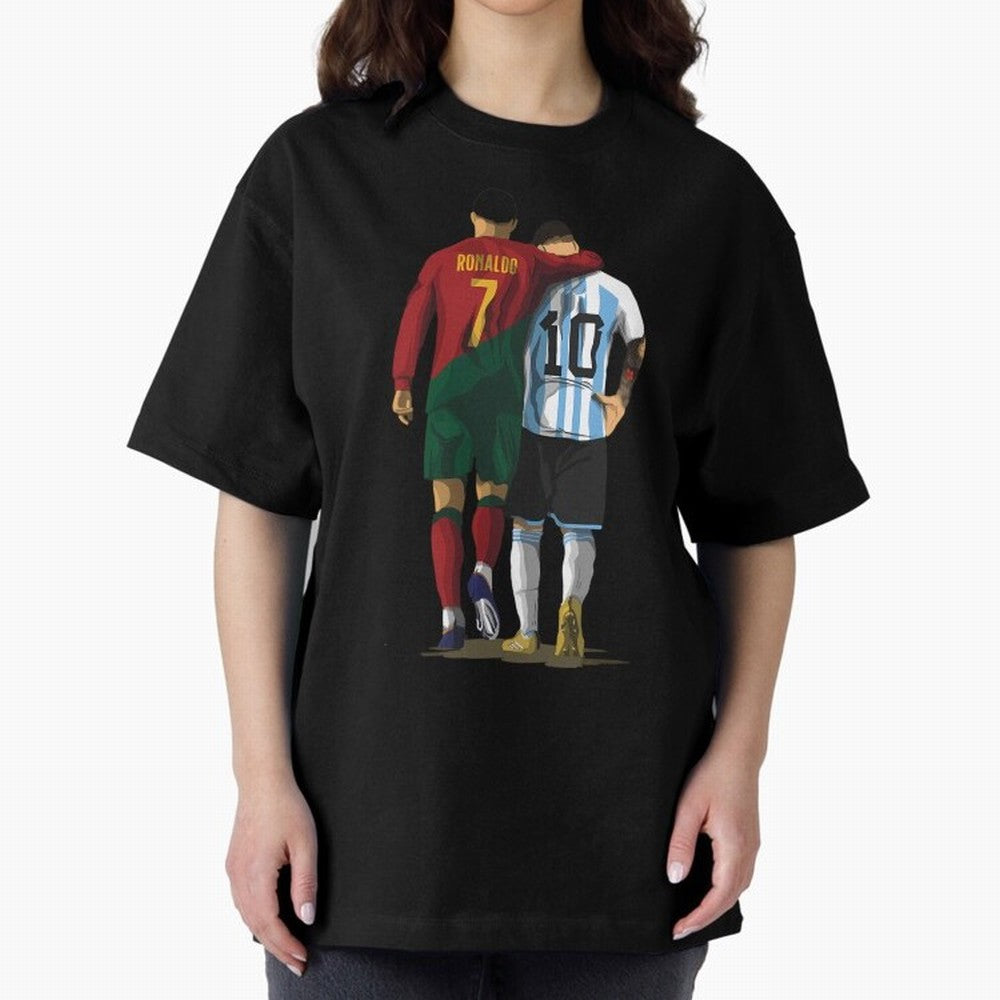 Messi Ronaldo Chit Chat Illustration Oversized T-Shirt Show Up for the Glory of FIFA World Cup 2026 Spirit, Connected to France, CR7 and Messi, Supporter Pride, Iconic Celebrations, Legendary Names and Global Match Day Energy; Great for Supporters