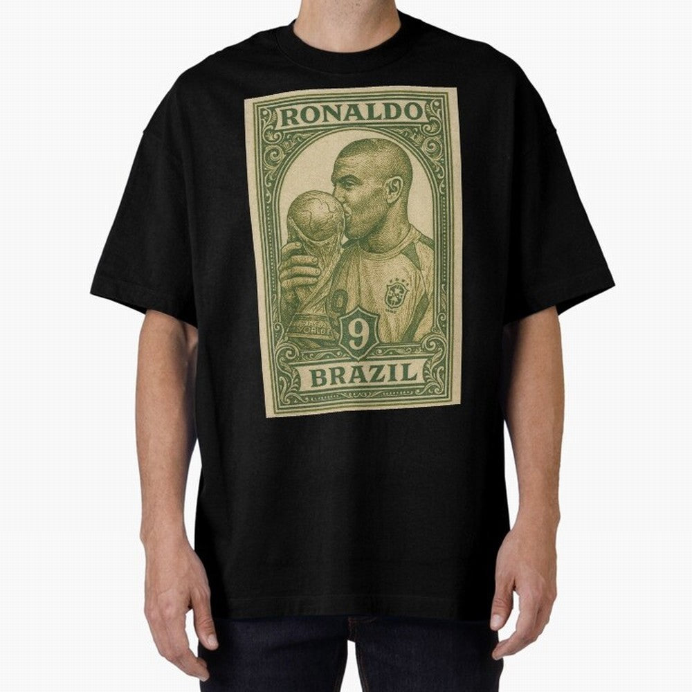 Vintage Brazilian Ronaldo Fenomeno R9 Football Legend Stamp Illustration ¨C Retro Soccer World Cup Art Print Oversized T-Shirt Celebrate Classic Football Spirit in FIFA World Cup 2026 Group Stage for Fans of Messi, CR7 and Mbappe and Spain,