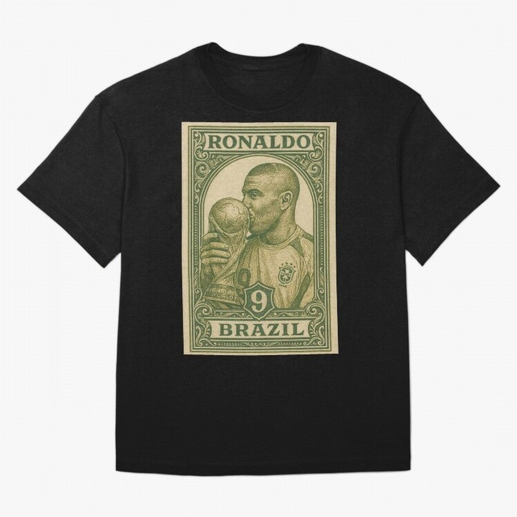Vintage Brazilian Ronaldo Fenomeno R9 Football Legend Stamp Illustration ¨C Retro Soccer World Cup Art Print Oversized T-Shirt Celebrate Classic Football Spirit in FIFA World Cup 2026 Group Stage for Fans of Messi, CR7 and Mbappe and Spain,