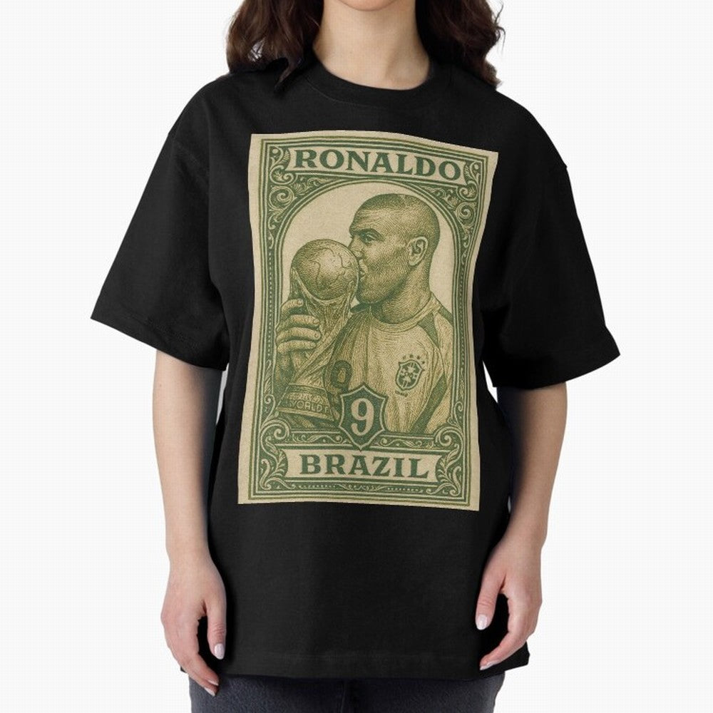Vintage Brazilian Ronaldo Fenomeno R9 Football Legend Stamp Illustration ¨C Retro Soccer World Cup Art Print Oversized T-Shirt Celebrate Classic Football Spirit in FIFA World Cup 2026 Group Stage for Fans of Messi, CR7 and Mbappe and Spain,