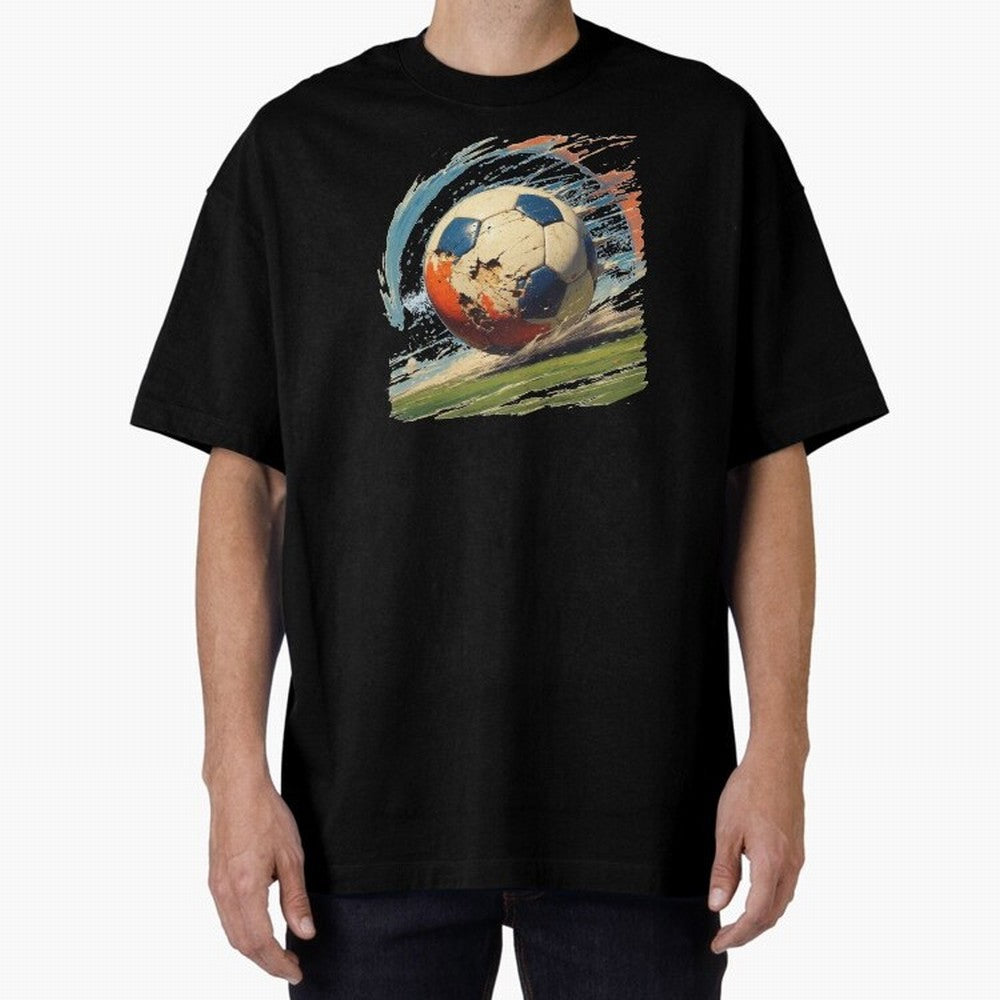Soccer Ball in Fight Oversized T-Shirt Join the Countdown to FIFA World Cup 2026 USA Canada Mexico for Fans of CR7 and Brazil, Bringing Vintage Soccer Flavor, Modern Football Stars, National Flags and Final Night Emotion; Made for Die Hard