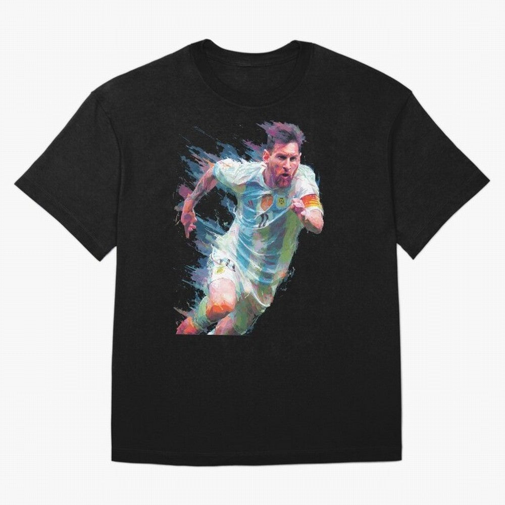Messi in action Graphic Paint poster design Oversized T-Shirt Celebrate Global Passion for FIFA World Cup 2026 Connected to Neymar, Argentina, France and Brazil Energy, Game Day Rituals, Football Legends, Country Pride and the Road to the Final;