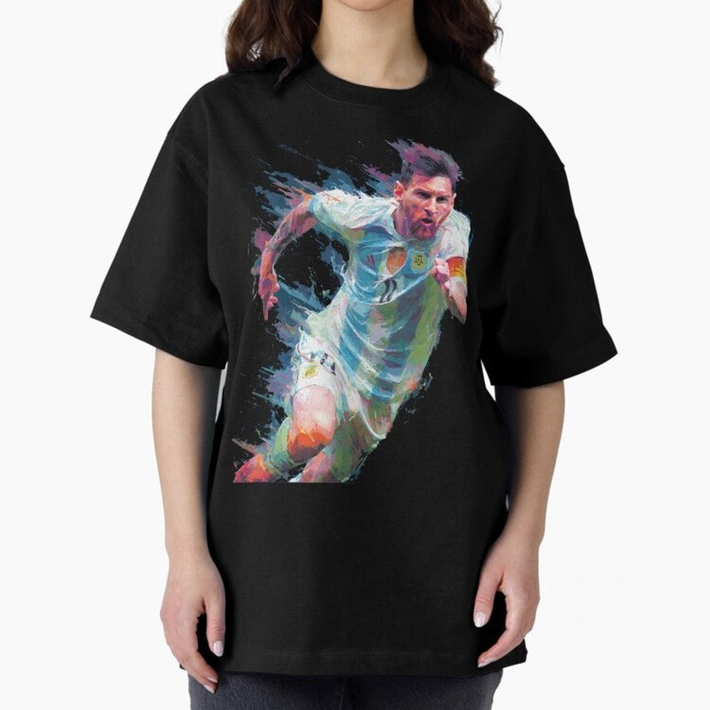 Messi in action Graphic Paint poster design Oversized T-Shirt Celebrate Global Passion for FIFA World Cup 2026 Connected to Neymar, Argentina, France and Brazil Energy, Game Day Rituals, Football Legends, Country Pride and the Road to the Final;