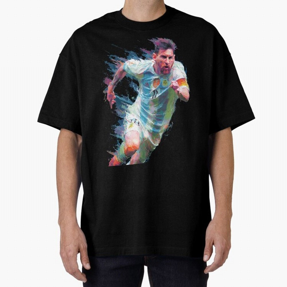 Messi in action Graphic Paint poster design Oversized T-Shirt Celebrate Global Passion for FIFA World Cup 2026 Connected to Neymar, Argentina, France and Brazil Energy, Game Day Rituals, Football Legends, Country Pride and the Road to the Final;