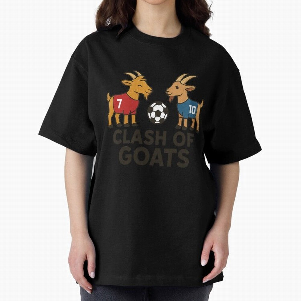 Clash of GOATs ¨C Funny Ronaldo vs Messi Inspired Football T-Shirt Design Oversized T-Shirt Celebrate Soccer Greatness during FIFA World Cup 2026 Group Stage Spirit, Built around Netherlands, Haaland, Classic Soccer Heritage, Championship Pressure,