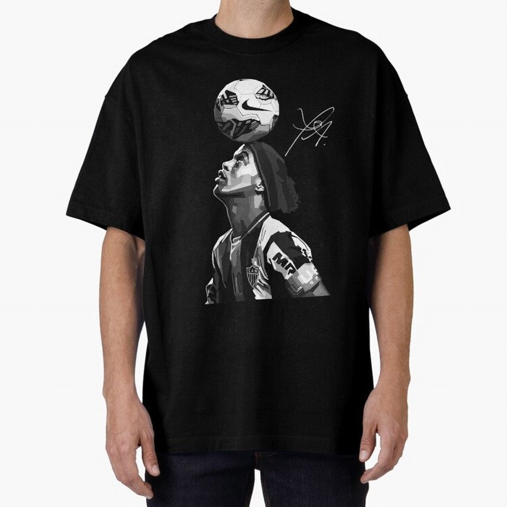 Ronaldinho Black and White Oversized T-Shirt Celebrate the Biggest Stage of FIFA World Cup 2026 USA Canada Mexico for Fans of Neymar and Netherlands, Bringing Championship Spirit, Famous Goals, Roaring Crowds and International Football Unity; Made