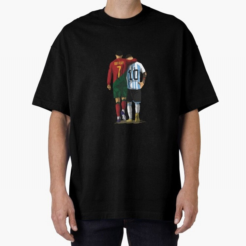 Messi Ronaldo Chit Chat Illustration Classic Oversized T-Shirt Honor Football Greatness during the FIFA World Cup 2026 Journey through CR7 Highlights, Germany Pride, Match Day Excitement, Supporter Culture, Golden Goals and Global Football Passion;