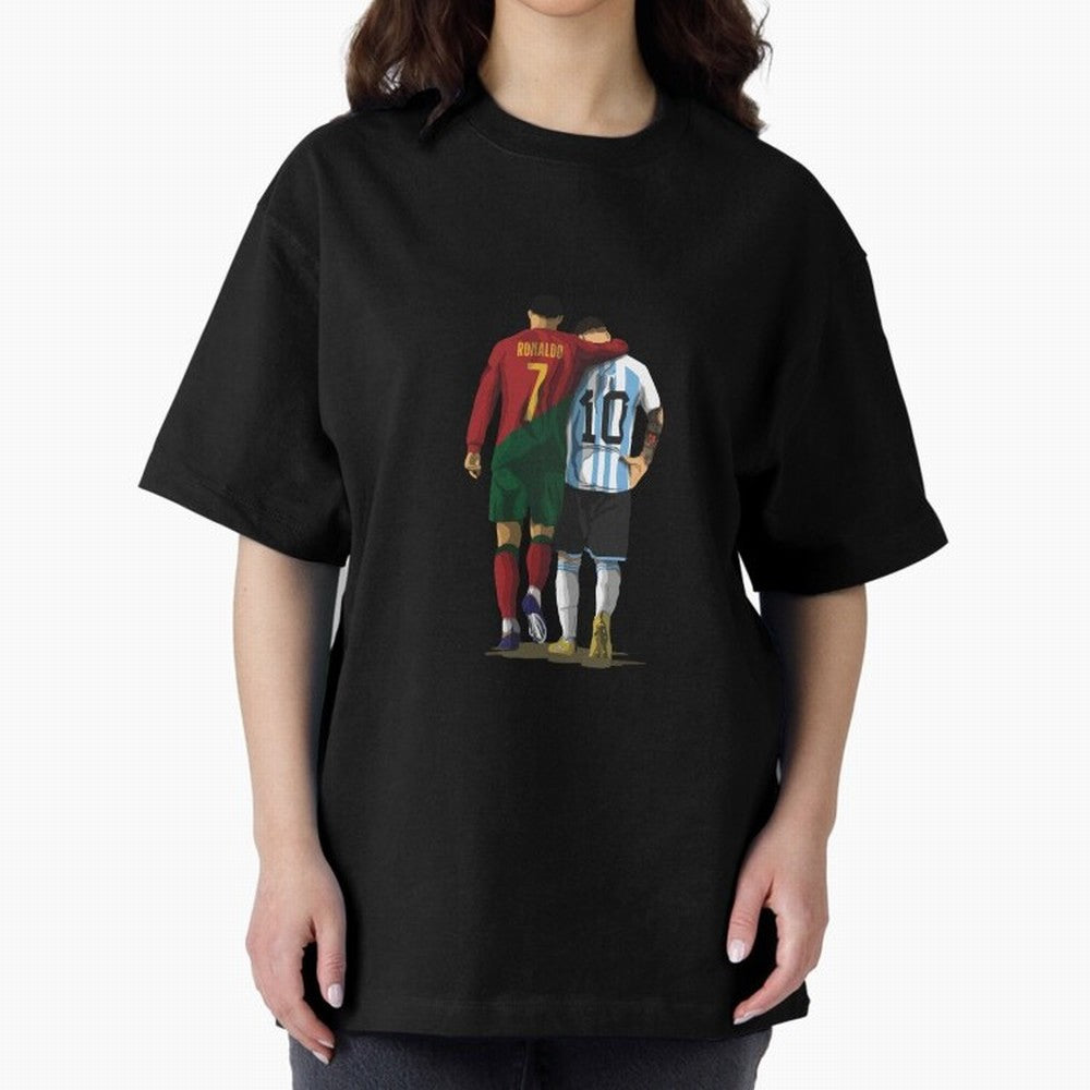 Messi Ronaldo Chit Chat Illustration Classic Oversized T-Shirt Honor Football Greatness during the FIFA World Cup 2026 Journey through CR7 Highlights, Germany Pride, Match Day Excitement, Supporter Culture, Golden Goals and Global Football Passion;