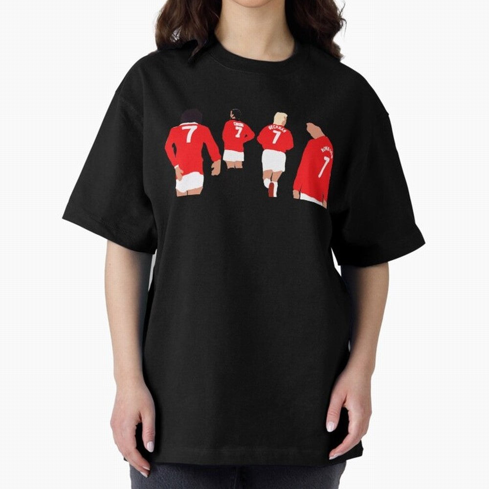 Manchester United Legends Number 7 Best Cantona Beckham Ronaldo Poster Oversized T-Shirt Stand Out with Spirit from Global Football Passion for FIFA World Cup 2026 Group Stage, Connected to Neymar, France and Portugal, Match Day Excitement,