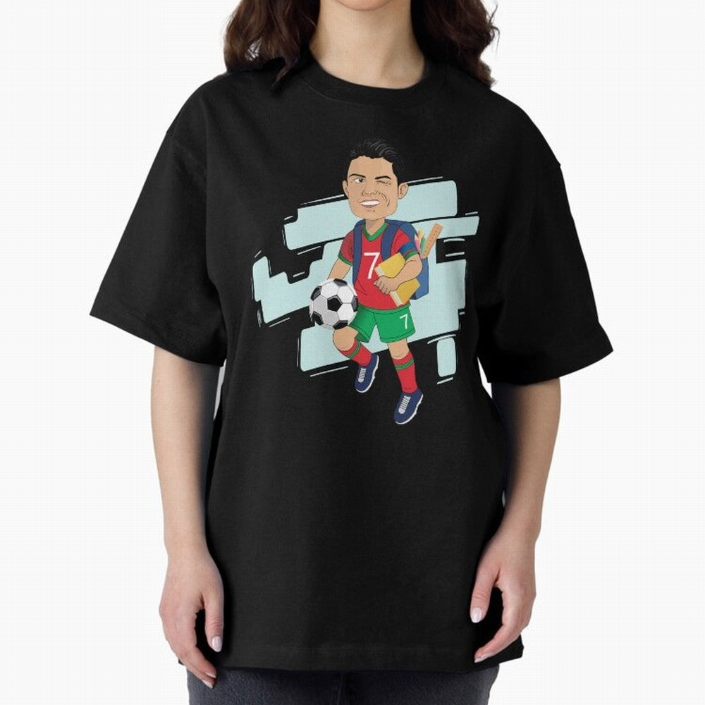 BACK TO SCHOOL - CARICATURE - CHRISTIANO - RONALDO Oversized T-Shirt Relive FIFA World Cup 2026 Group Stage Spirit, with France, Haaland, Match Day Excitement, Supporter Culture, Golden Goals and Global Football Passion; Ideal for Football Dads,