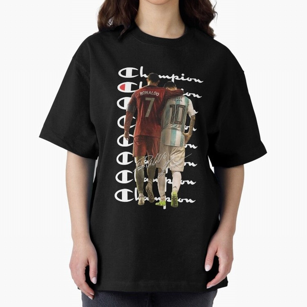 Ronaldos And Messis C-C-H-A-M-P-I-O-N-N Oversized T-Shirt Represent FIFA World Cup 2026 Group Stage Spirit, Highlighting Brazil, Messi and Cristiano Ronaldo, Supporter Pride, Iconic Celebrations, Legendary Names and Global Match Day Energy; Created