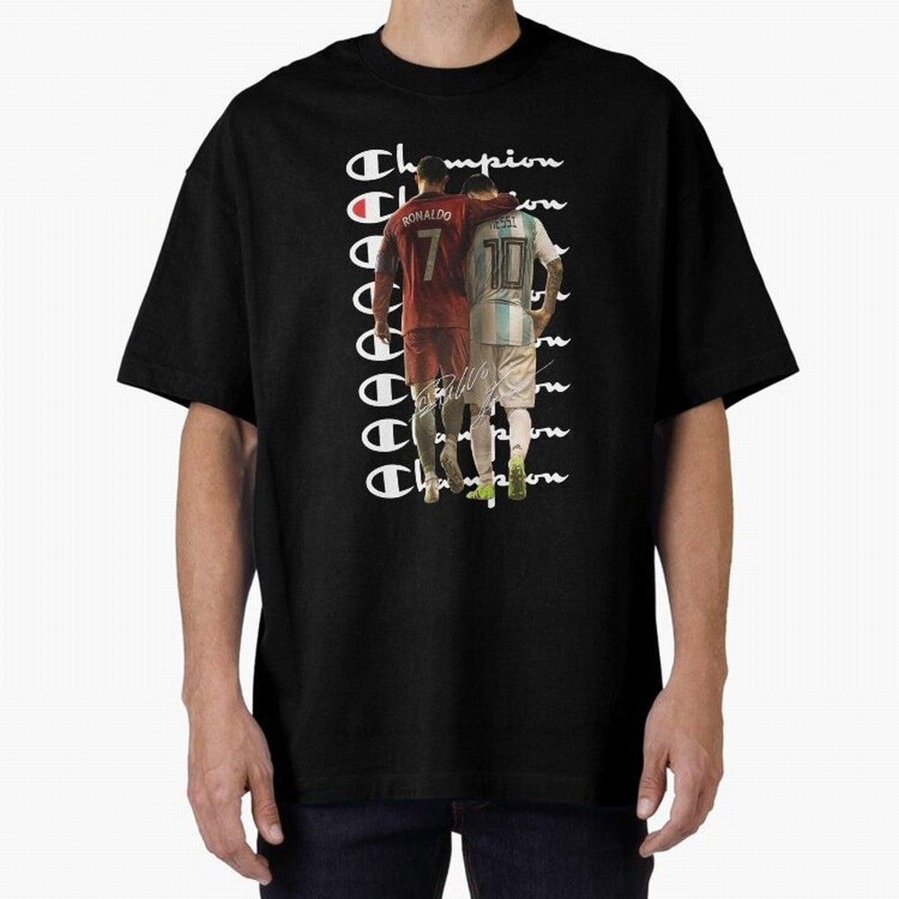 Ronaldos And Messis C-C-H-A-M-P-I-O-N-N Oversized T-Shirt Represent FIFA World Cup 2026 Group Stage Spirit, Highlighting Brazil, Messi and Cristiano Ronaldo, Supporter Pride, Iconic Celebrations, Legendary Names and Global Match Day Energy; Created