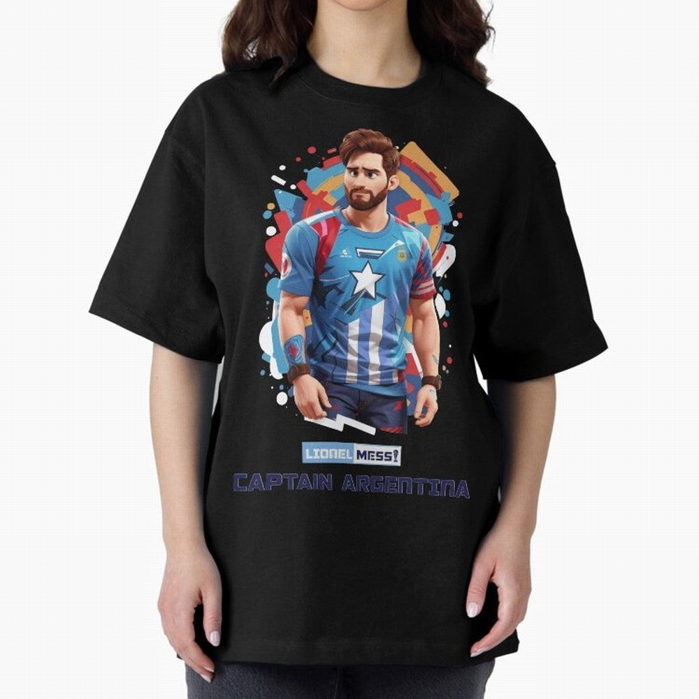 Lionel Messi Captain Argentina Oversized T-Shirt Celebrate Soccer Greatness during FIFA World Cup 2026 Group Stage for Fans of Haaland and France and Portugal, Bringing Sports Nostalgia, International Competition, Famous Players and Unforgettable