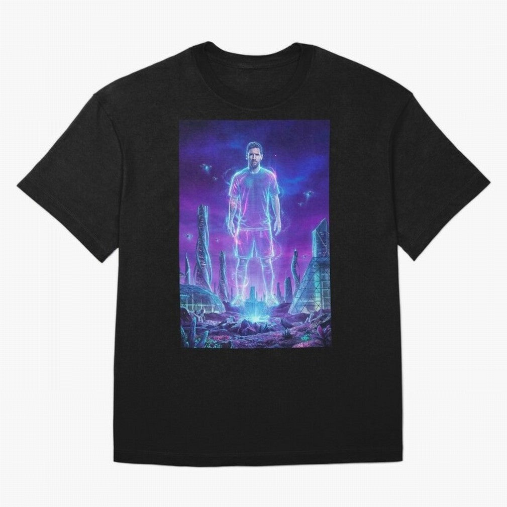 Lionel Messi (GOAT) Hologram in Futuristic Cyberpunk City (Version 5) Classic T-Shirt Make Every Kick Count in the FIFA World Cup 2026 Group Stage Journey through Messi and Cristiano Ronaldo Highlights, Portugal, Spain and Germany Pride, Football