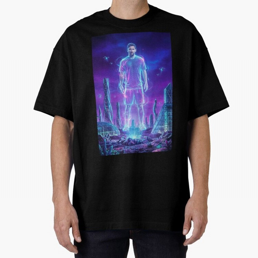 Lionel Messi (GOAT) Hologram in Futuristic Cyberpunk City (Version 5) Classic T-Shirt Make Every Kick Count in the FIFA World Cup 2026 Group Stage Journey through Messi and Cristiano Ronaldo Highlights, Portugal, Spain and Germany Pride, Football