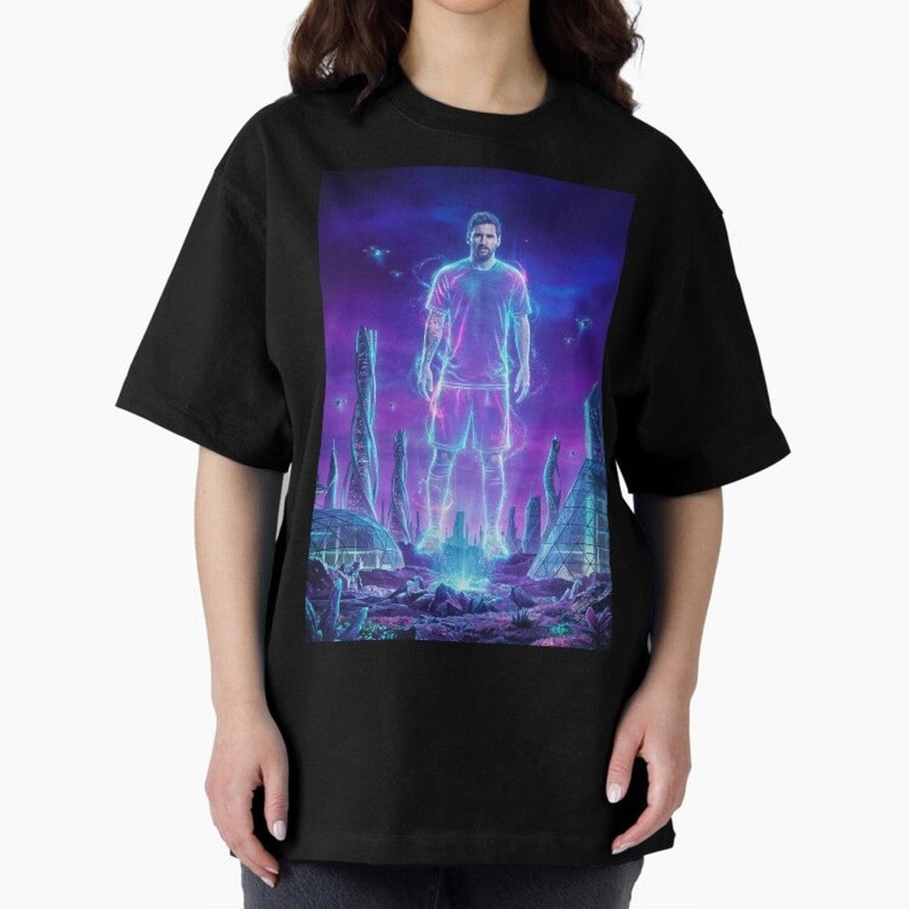 Lionel Messi (GOAT) Hologram in Futuristic Cyberpunk City (Version 5) Classic T-Shirt Make Every Kick Count in the FIFA World Cup 2026 Group Stage Journey through Messi and Cristiano Ronaldo Highlights, Portugal, Spain and Germany Pride, Football