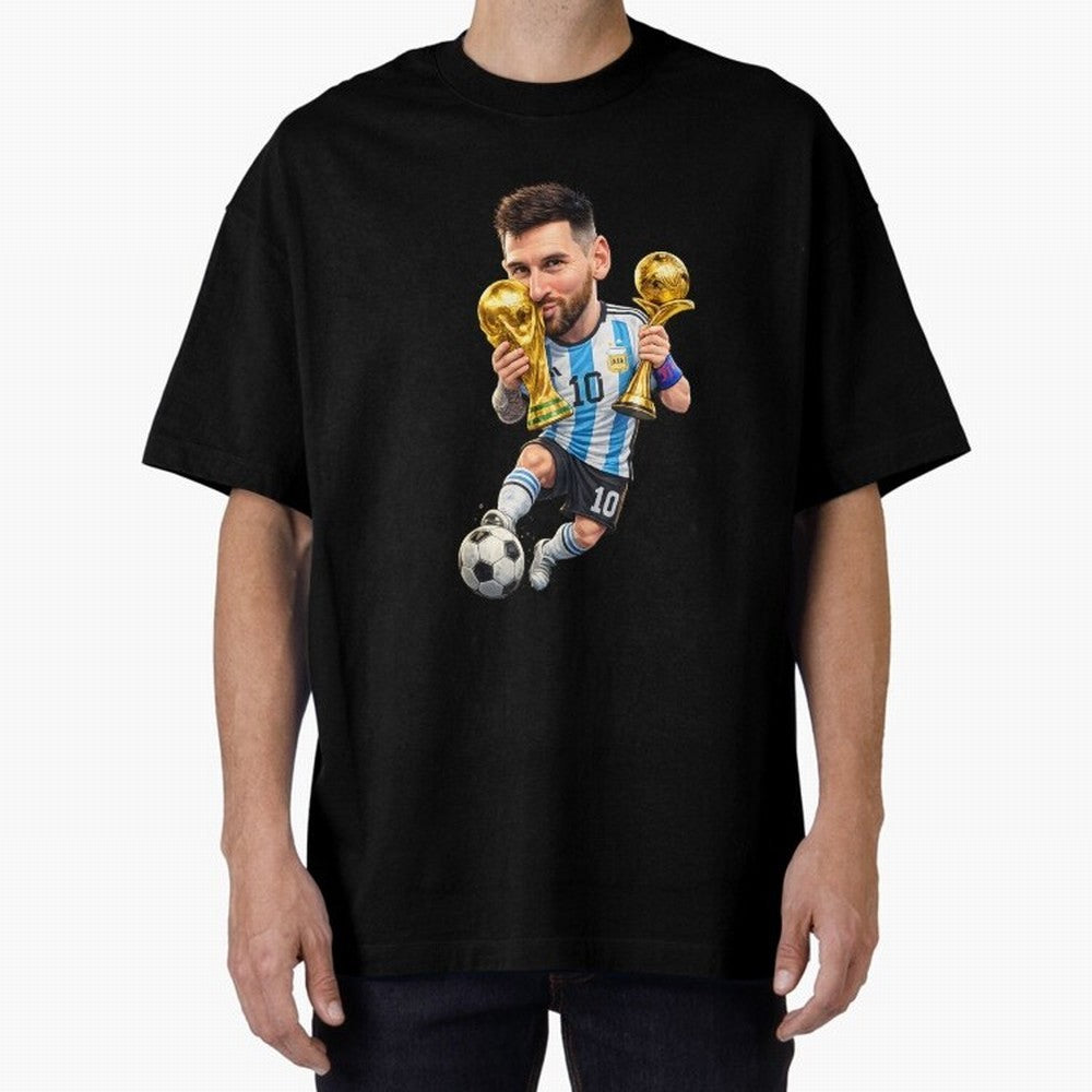 Lionel Messi ¨C Trophy King Caricature Oversized T-Shirt Bring International Match Energy to FIFA World Cup 2026 USA Canada Mexico Featuring Messi, Neymar and Mbappe, Brazil Energy, Football History, Final Match Energy, Crowd Noise and Once in a