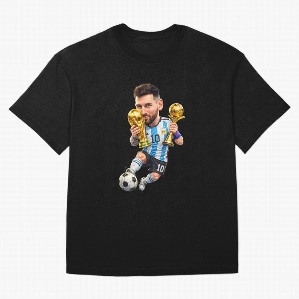 Lionel Messi ¨C Trophy King Caricature Oversized T-Shirt Bring International Match Energy to FIFA World Cup 2026 USA Canada Mexico Featuring Messi, Neymar and Mbappe, Brazil Energy, Football History, Final Match Energy, Crowd Noise and Once in a