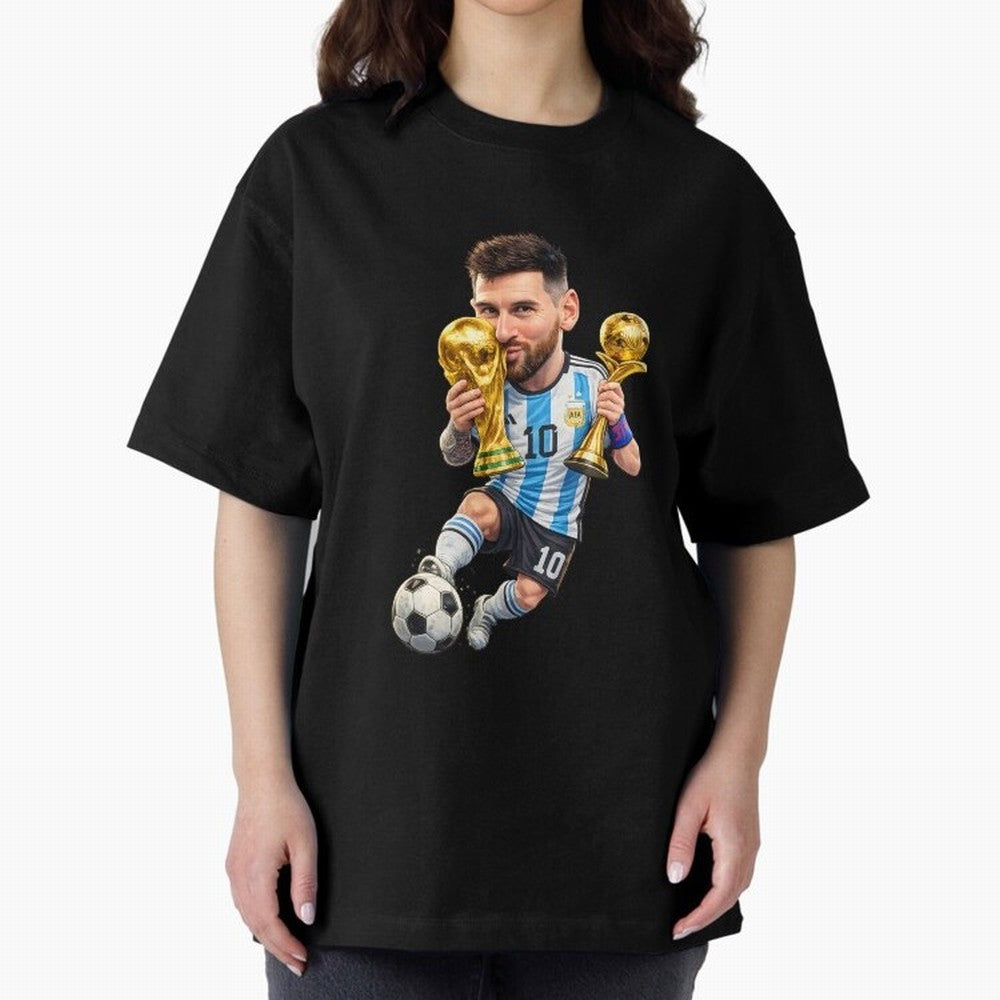 Lionel Messi ¨C Trophy King Caricature Oversized T-Shirt Bring International Match Energy to FIFA World Cup 2026 USA Canada Mexico Featuring Messi, Neymar and Mbappe, Brazil Energy, Football History, Final Match Energy, Crowd Noise and Once in a